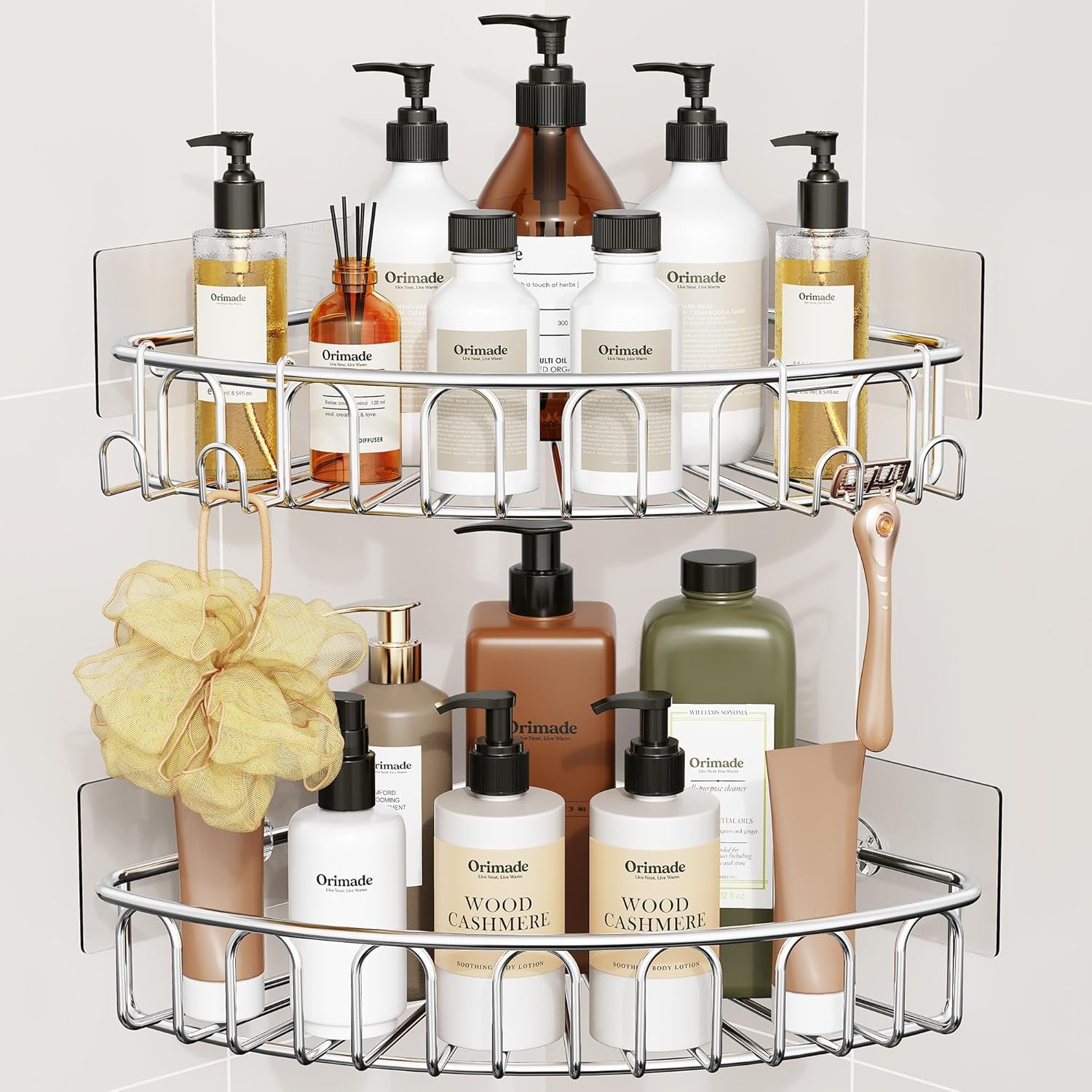 corner-shower-caddy-stainless-steel-with-hooks-wall-mounted-bathroom-shelf-storage-organizer-adhesive-no-drilling-2-pack-silver-only-for-90-degree-corner