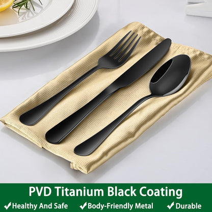 Black 49 Pieces Stainless Steel Flatware Sets with Organizer,Black Silverware Sets with Steak Knives Service for 8,Black Tableware Cutlery Sets for Home Kitchen8