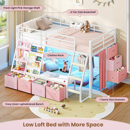 Low Loft Bed with 7 Storage Drawers & Reading Nook, Kids Twin Loft Bed with Bookshelf, LED Lights & Safety Guardrail, Loft Bed Twin Size with 35.8''H Play Space, Inclined Ladder, White & Pink6