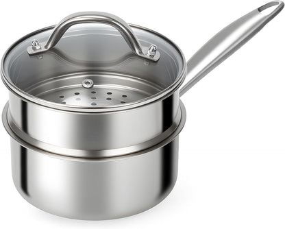 1.5 Qt Tri-Ply Stainless Steel Saucepan with Steamer Basket & Lid | Nonstick, Sauce Pan with Stay-Cool Handle, Induction Safe, Small Cooking Pot, Ideal for Vegetables, Oatmeal, Daily Steaming1