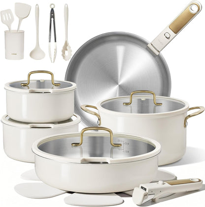 21Pcs Tri-Ply Stainless Steel Cookware Set with Detachable Handle | Pots and Pans Set, Even Heating, Non-Toxic, Induction Compatible, Dishwasher& Oven Safe, Space Saving, Camping Cooking, White1