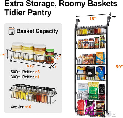 over the Door Pantry Organizer, 6-Tier Metal Pantry Door Organization and Storage, Hanging Kitchen Basket Spice Rack Seasoning Shelves, Cabinet Door Organizer for Easy Install,D5Xw18Xh50Inch3