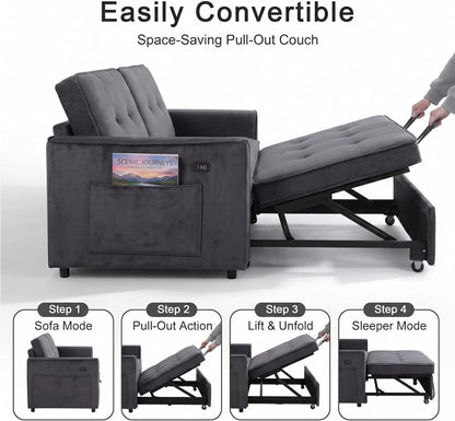 3 in 1 Convertible Sofa Bed, 53" Modern Loveseat Sleeper Sofa with USB Port & Storage Pockets, Pull Out Couch with Reclining Backrest, Futon Bed for Small Spaces, Living Room (Gray)6