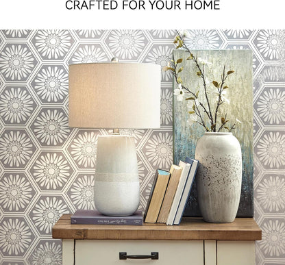 Signature Design by Ashley Shavon Ceramic Table Lamp, 26", 3-Way Switch | Textured Neutral Glazed Base, Beige and White Finish, Fabric Drum Shade, Versatile 3-Way Switch, Living Room Use4