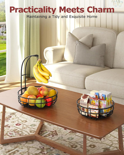 2 Tier Modern Fruit Basket for Kitchen Counter with 2 Banana Hook | Space-Saving Vertical Storage for Veggies, Bread, Snacks, Fits under Cabinets, Includes Protective Mats to Prevent Bruising3