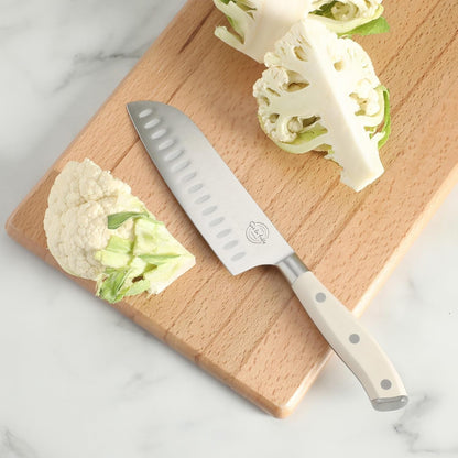 Sur La Table Kitchen Essential Tasting Kitchen German Steel Santoku Knife, 7-Inch Stainless Steel Blade – Professional Kitchen Knife with White Handle and Forged Full Tang6