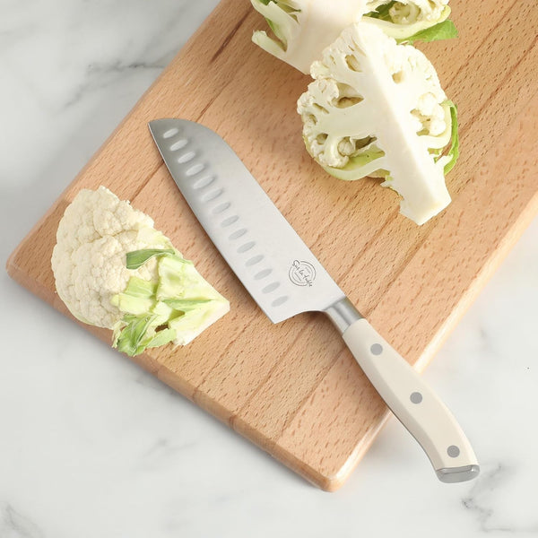 Sur La Table Kitchen Essential Tasting Kitchen German Steel Santoku Knife, 7-Inch Stainless Steel Blade – Professional Kitchen Knife with White Handle and Forged Full Tang6