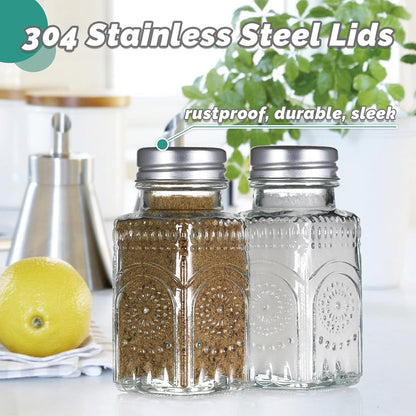 2 Pack Glass Salt and Pepper Shakers with 304 Stainless Steel Lid, Vintage Spice Shakers for Dining Room Table, Kitchen, Restaurant (Sunflower Style)2