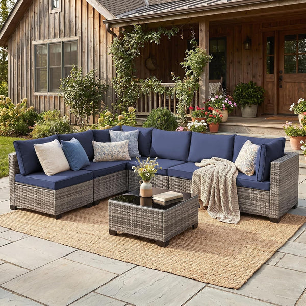 7 Piece Patio Furniture Set, Outdoor Wicker Sectional Sofa Set7