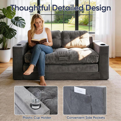 63'' Loveseat Sleeper Sofa Bed, Boneless Convertible Corduroy Pull Out Couch with Cup Holders and 2 Pillows, Space Saving Sofa Bed for Small Spaces, Living Room, Bedroom (Grey)4