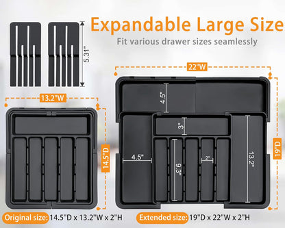 Silverware Organizer - Expandable Large Kitchen Drawer Organizer Utensil Organizer with 2 Removable Knife Blocks, 22"X 19"Cutlery Tray Drawer Dividers for Kitchen Flatware(6-9 Slots) (Black)2
