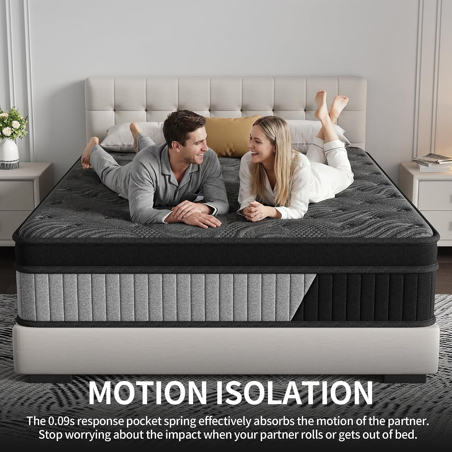 queen-size-14-inch-hybrid-mattress-in-a-box-medium-firm-black-and-gray-fabric-cover-with-pocket-spring-and-memory-foam-breathable-supportive-cool-sleep-for-back-side-stomach-sleepers