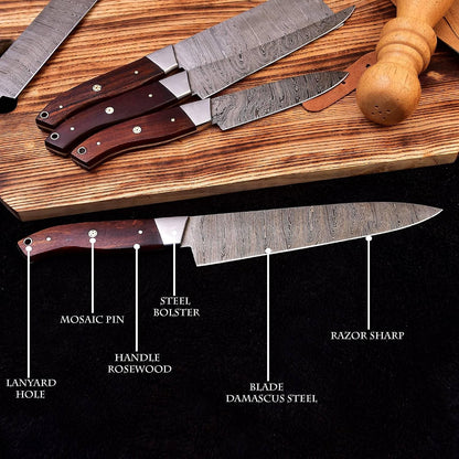 Hm-(Brown) Custom Made Damascus Steel #6 Pcs of Professional Utility Kitchen Knives Set Comes with Sweet Leather Roll Kit (3712)5