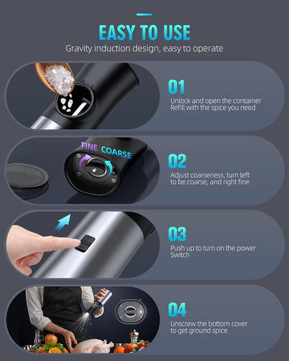 Gravity Electric Salt and Pepper Grinder Set, USB Rechargeable Automatic Salt and Pepper Grinders with Charging Base, Adjustable Coarseness, One-Handed Operation, LED Light, Stainless Steel7