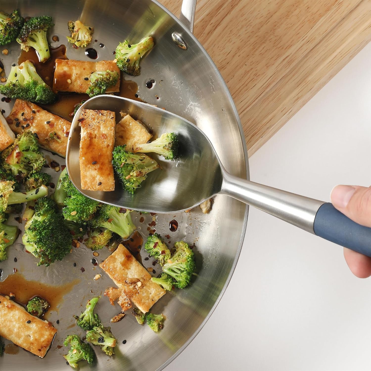 calphalon-edge-cooking-spoon-cooking-utensil-spoon-stainless-steel-kitchen-spoon-with-heat-resistanc-silicone-non-slip-handle-nonstick-safe-basting-spoon-durable-kitchen-utensil-navy-blue