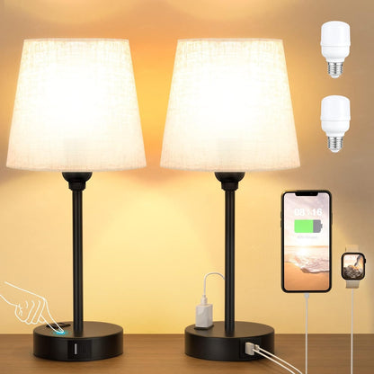 Bedside Table Lamps Set 2 for Bedroom - Dimmable Touch, USB C+A, AC Outlet | 14.5" Mini Lamp, 3-Way Dimmable, LED Bulbs Included, Trapezoid Barrel Fabric Lampshade, Nightstand Light for Guest Room, Kids1