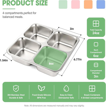 4 Pack Stainless Steel Snack Containers with Silicone Lids, Leakproof Bento Snack Boxes, Reusable 4 Compartment Metal Lunch Containers, Dishwasher Safe Food Storage for Meal Prep, Work & Travel3