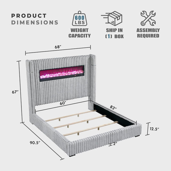 Corduroy Upholstered Bed Frame, Remote Fireplace, Built-In Speaker, Wingback Queen Bed Frame with Headboard, Wooden Slats, Box Spring Needed, Assembly Required, Two-Tone Gray2