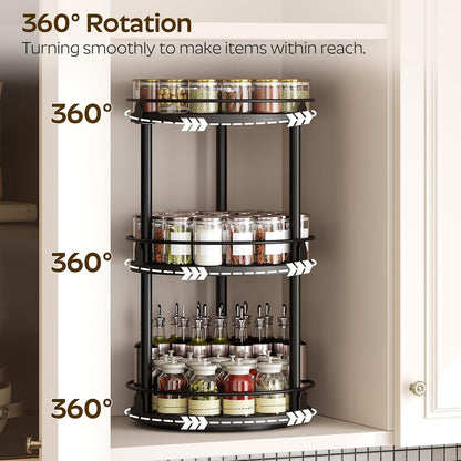 3-Tier Lazy Susan Organizer, Rotating Spice Rack, Spinning Organizer, Industrial Turntable Spice Rack Organizer for Cabinet, Kitchen Countertop, Pantry, Black SR23BK2