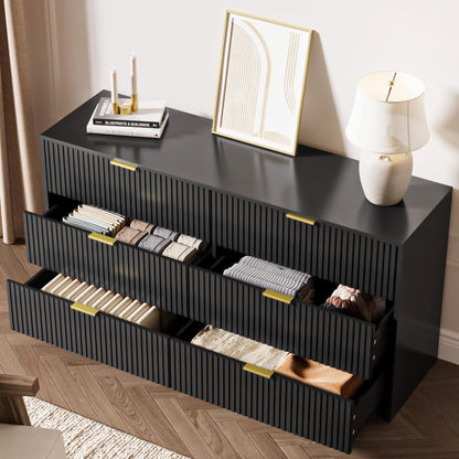 Black 6 Drawer Dresser for Bedroom, 55" Wide Modern Chest of Drawers with Gold Metal Handles, Fluted Wood TV Stand for Living Room, Hallway5