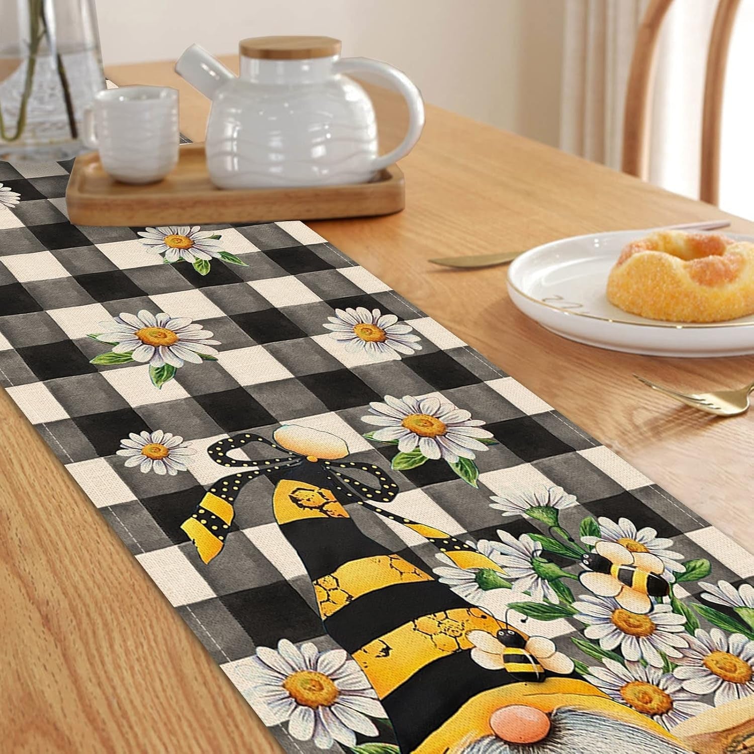 spring-bee-gnome-table-runner-honey-black-white-buffalo-plaid-check