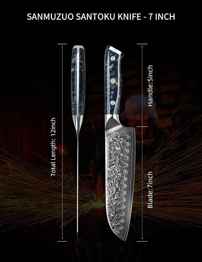 Santoku Knife - 7 Inch - Xuan Series - VG10 Damascus Steel Kitchen Knife - Resin Handle (Starry Black)4
