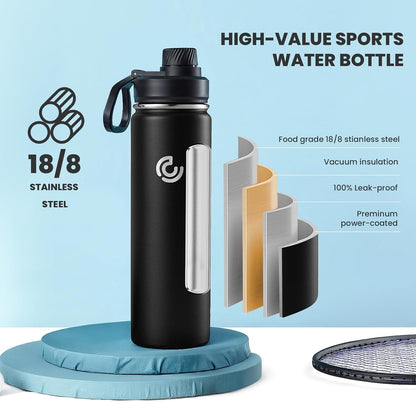 Sports Water Bottle 22Oz, Insulated Water Bottle with Handle,Stainless Steel,Simple Modern,Suitable for Travel, School, Boy, Girl(Black)3
