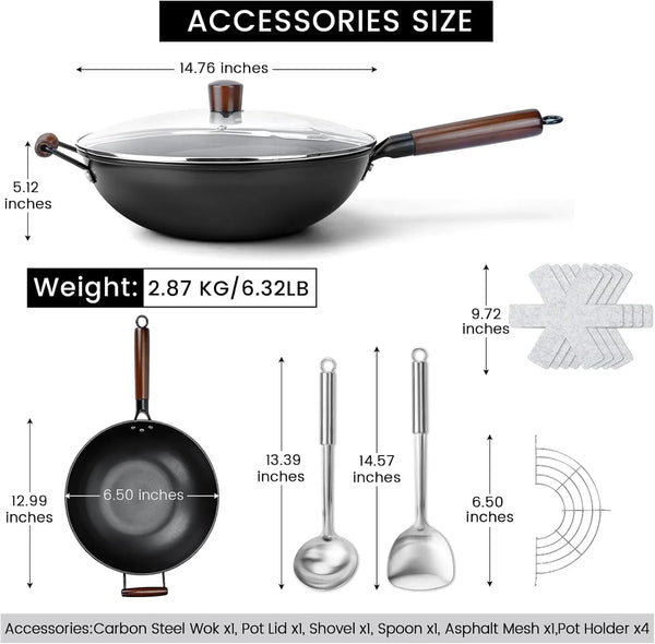 Carbon Steel Wok - 13" Woks & Stir-Fry Pans Nonstick, Wok with Lid, Fast Heat Conduction, Uniform Heat Conduction Flat Bottom Woks, Professional Chef Cookware2
