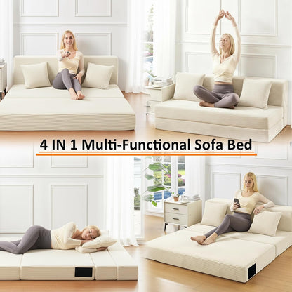 Single Size Folding Sofa Bed - 4 in 1 Convertible Sleeper Chair - High Density Memory Foam Futon Couch - Foldable Bed for Living Room Bedroom (Beige)6