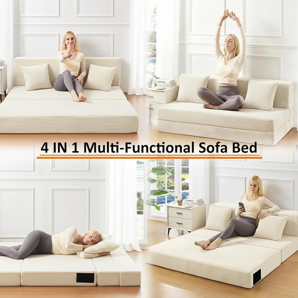 Single Size Folding Sofa Bed - 4 in 1 Convertible Sleeper Chair - High Density Memory Foam Futon Couch - Foldable Bed for Living Room Bedroom (Beige)6