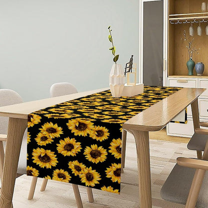 Sunflower Table Runner Retro Flower Sunflowers Black Background Decor for Indoor Outdoor Party Wedding Dinner Festivals Farmhouse Homes Kitchen Dining Room, 13X90In3