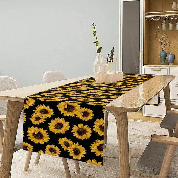 Sunflower Table Runner Retro Flower Sunflowers Black Background Decor for Indoor Outdoor Party Wedding Dinner Festivals Farmhouse Homes Kitchen Dining Room, 13X90In3