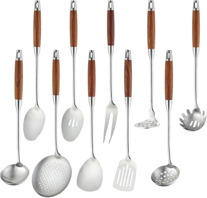 18/10 Stainless Steel Kitchen Utensils Set,10 Piece Cooking Utensils with Wood Handle,Heat Resistant Kitchen Tool Set with Spatula,Spoon,Ladle,Skimmer,Slotted Turners,Pasta,Turner,Ladl,Fork1