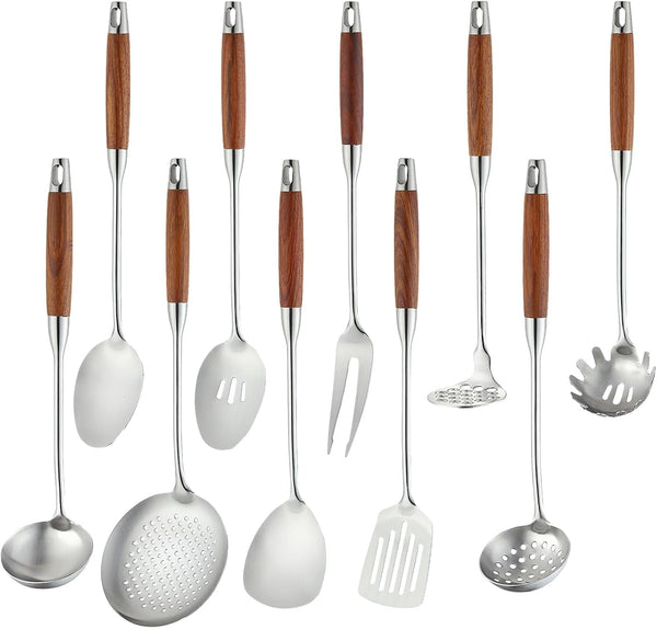 18/10 Stainless Steel Kitchen Utensils Set,10 Piece Cooking Utensils with Wood Handle,Heat Resistant Kitchen Tool Set with Spatula,Spoon,Ladle,Skimmer,Slotted Turners,Pasta,Turner,Ladl,Fork1