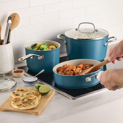Kitchenaid Hard Anodized Ceramic Induction Pots and Pans, Dishwasher Safe, Includes Saucepans, Stockpot, Sauté Pan, Frying Pans/Skillets, and Lids, 10 Piece Cookware Set - Agave Blue8