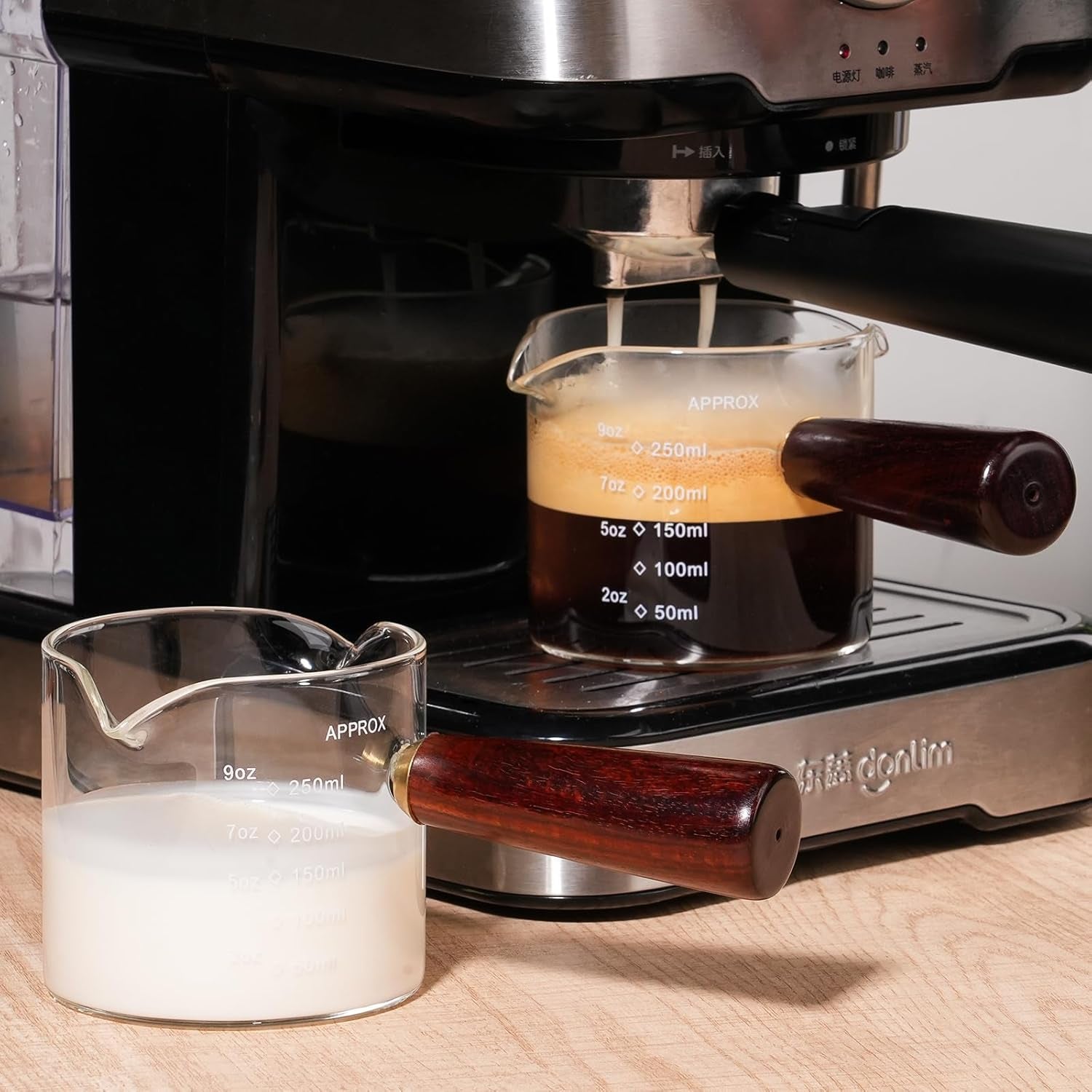 250ml-8-5oz-measuring-cup-espresso-shot-glasses-double-spouts-large-coffee-cup-with-wood-handle-triple-pitcher-milk-cup-parts-clear-glass-by-250ml-1pack