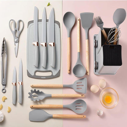 Kitchen Utensils Set & Knife Set with Block, 19 Piece All-In-One Cooking Set, 12 Nonstick Silicone Utensils + 5 Sharp Stainless Steel Chef Knives + Cutting Board, Dishwasher Safe Gift Set (Gray)3