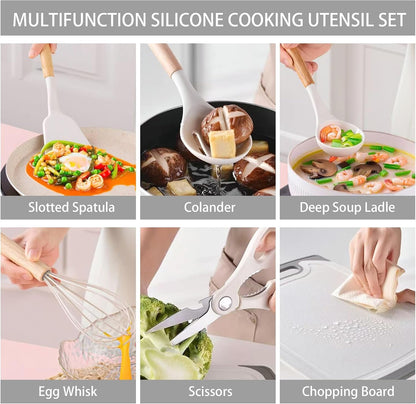 19-Piece Kitchen Utensil and Knife Set, Black (White) | 11 Food-Grade Silicone Tools, 5 Nonstick-Coated Stainless Steel Knives, Bamboo Handles, Cutting Board and Fan-Shaped Holder4
