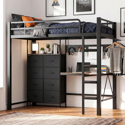 Twin Size Metal Loft Bed with L-Shaped Desk and 8 Storage Drawers,Black1