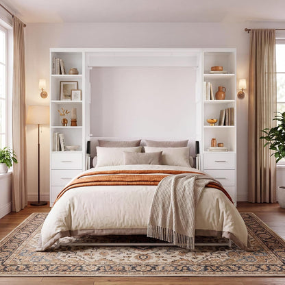 Queen Murphy Bed with 2 Bookcase, Space-Saving Wall Bed, White9