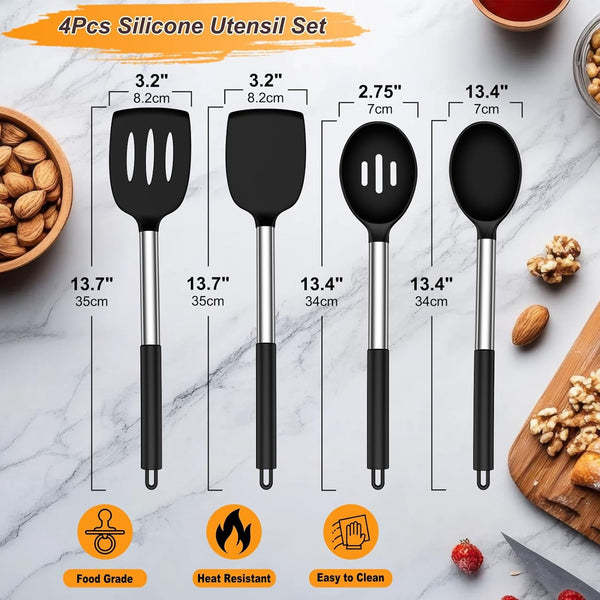 Silicone Cooking Utensils Set, 4Pcs Spatula and Spoon Set, Black2