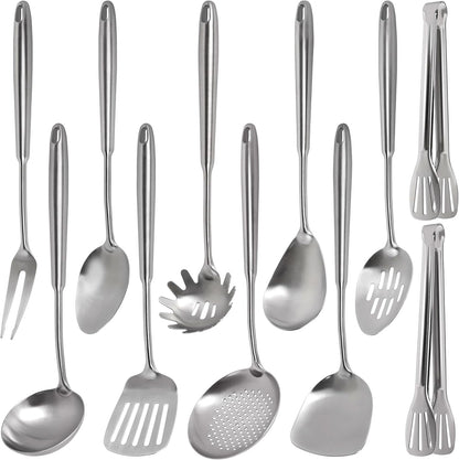 304 Stainless Steel Kitchen Utensils Set, 11PCS All Metal Cooking Tools Set with Tongs, Turner, Ladle, Skimmer & Serving Spoon, 15" Long Handle Dishwasher Safe Kitchen Utensil Starter Set1
