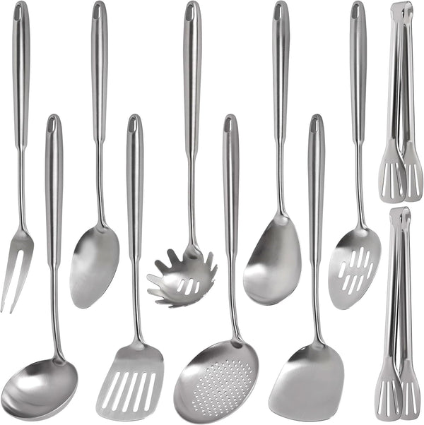 304 Stainless Steel Kitchen Utensils Set, 11PCS All Metal Cooking Tools Set with Tongs, Turner, Ladle, Skimmer & Serving Spoon, 15" Long Handle Dishwasher Safe Kitchen Utensil Starter Set1