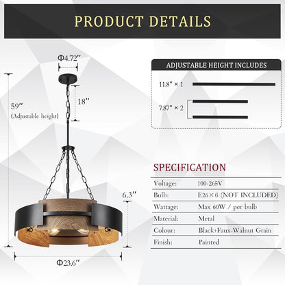 24" 6-Light Industrial Drum Chandelier with Walnut Grain Finish3