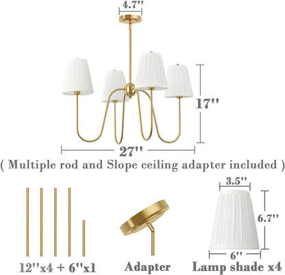 ;27"Dia 4-Arm White Pleated Fabric Shade Chandelier Polished Gold4