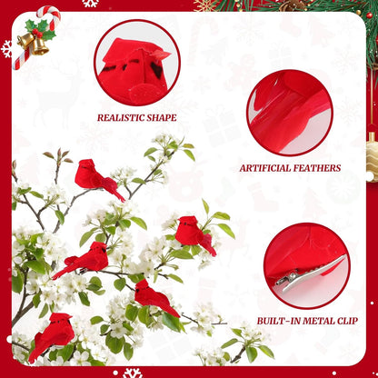 12 Pcs Cardinals Birds Christmas Ornaments, Mini Cardinal Clip on Christmas Tree Decorations, Artificial Velvet Feather Red Birds for Wreaths DIY Crafts Centerpieces Holiday Home Decor3