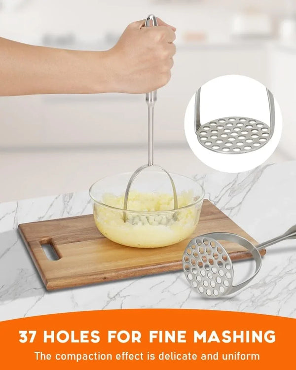 Potato Masher, Uncoated Stainless Steel Potato Press, One-Piece | 37-Hole Design, Dual-Arc, 304 Stainless Steel, Lump-Free Mashing, Non-Slip Handle, Dishwasher Safe2
