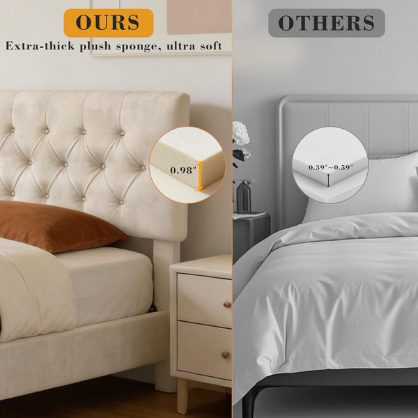 King Size Bed Frame with Headboard, Luxury Velvet Fabric Upholstered Bed Frame with Button Tufted Design, Strong Wooden Slats Support - Low & Sturdy, Noise-Free, No Box Spring, Easy Assembly, Beige5