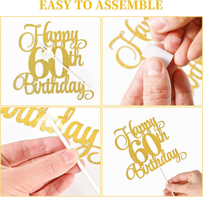 60Th Birthday Cake Toppers, 60Th Birthday Candles Numeral Candles and Glitter Cake Decorations Toppers Set for Party Supplies (Gold)7