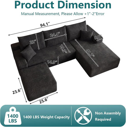 95" U-Shape Cloud Couch, Modern Modular Sectional L-Shape Sofa with Ottoman, Corduroy Upholstered Couches Deep Seat Sleeper Chaise Longue for Living Room, No Assembly Required(Black, Right Facing)2